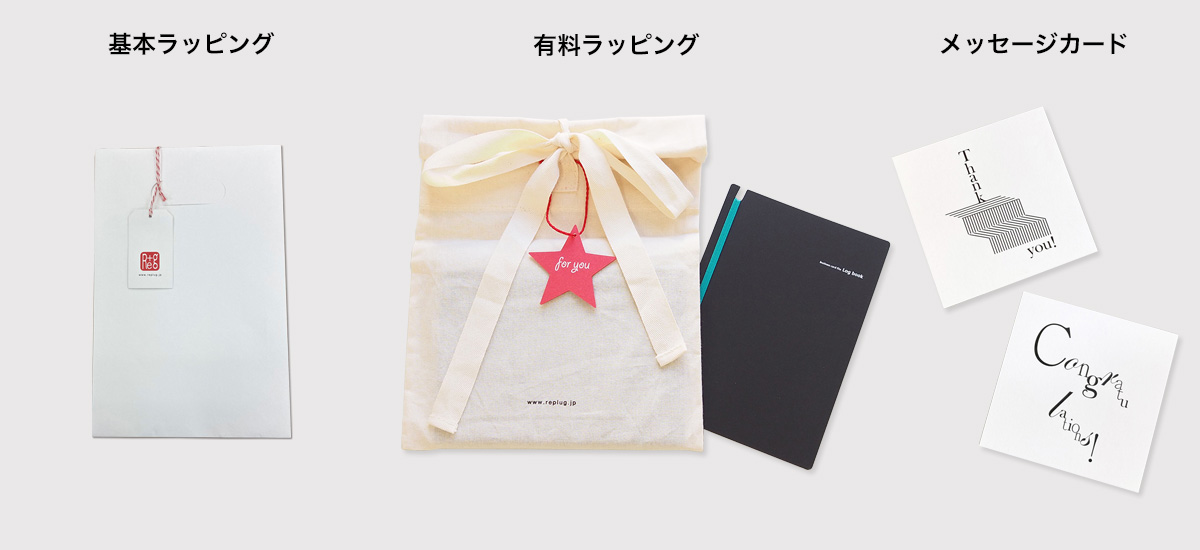 基本ラッピングの手提げバッグ、有料ラッピングの巾着袋、メッセージカード2種が並んで表示されている。